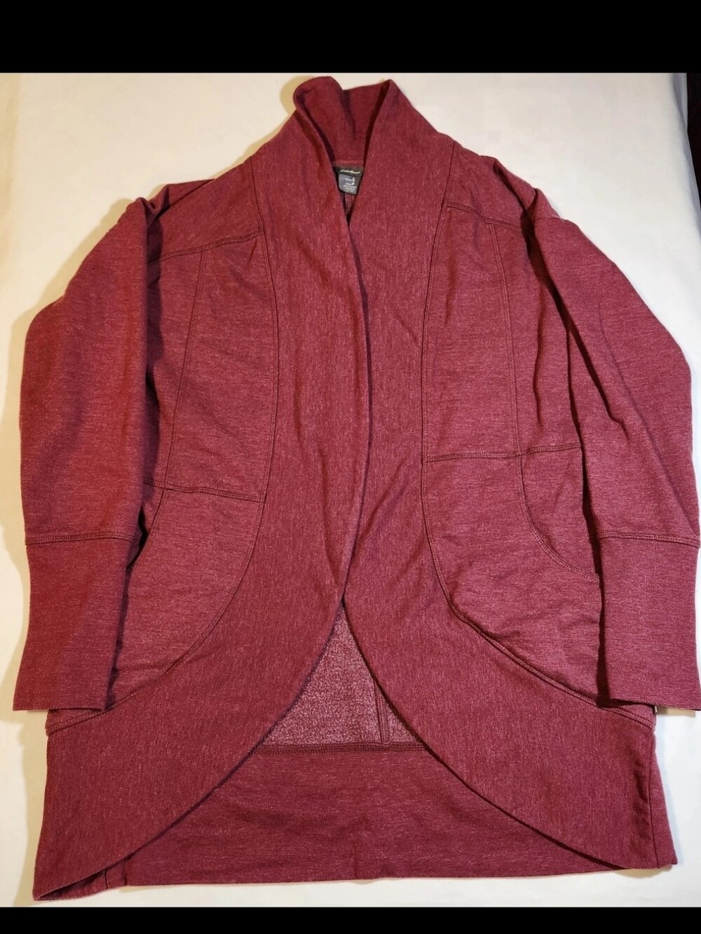 Eddie Bauer Womens Small Open Front Cardigan Sweater Burgundy Thumbholes